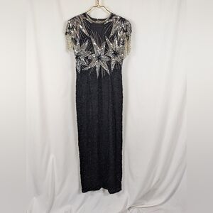 Laurence Kazar Black 100% Silk Beaded Sequin Star Maxi Dress Keyhole Back Sz S
